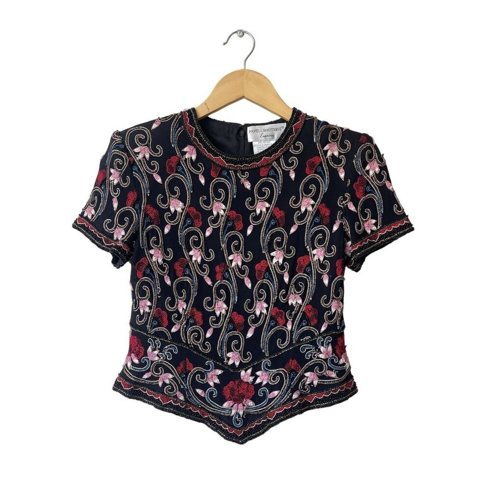 Papell Boutique Silk Sequin Beaded Top Petite‎ S Floral Elegant Special Event